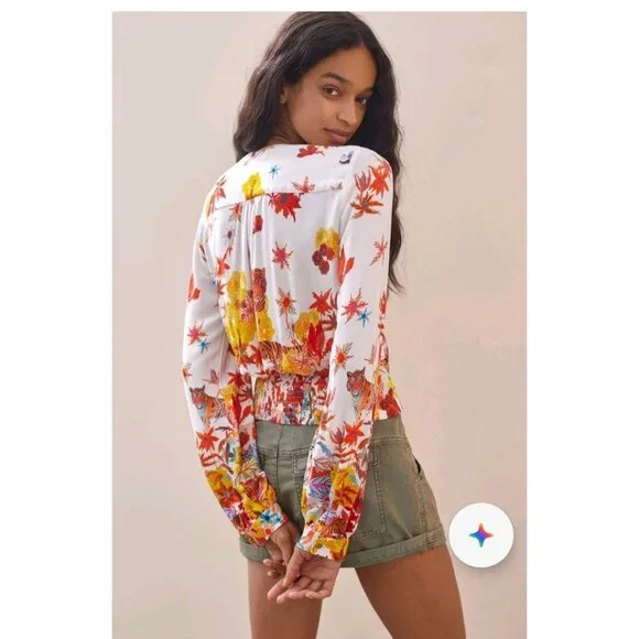 Michelle Morin For Anthropologie Blouse Sz M Floral Tiger Print Wrap Tie Waist - Picture 3 of 14